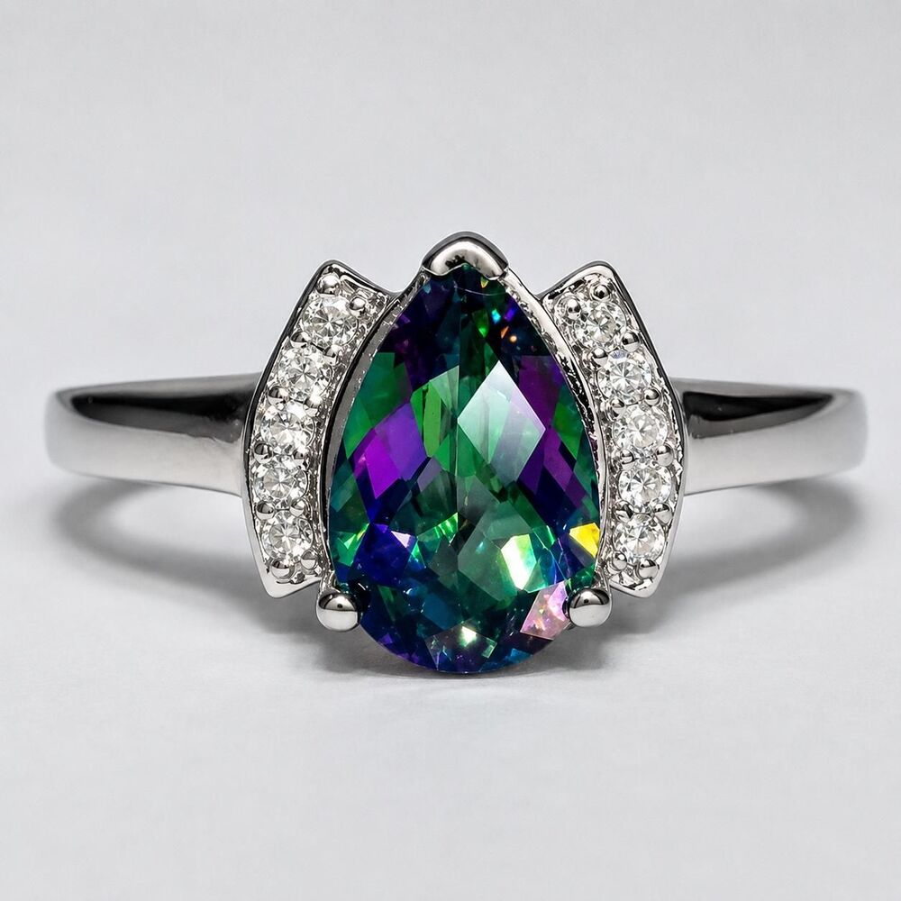 Mystic topaz 9x6 Pear Shape Checkerboard and Diamond 14kt White Gold Ring